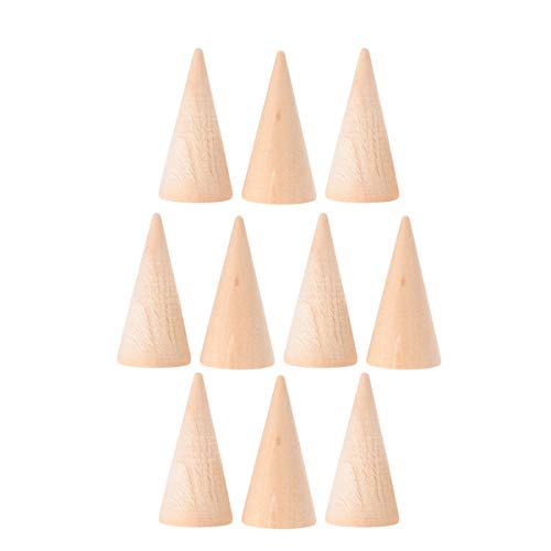 SUPVOX 10pcs Natural Wood Cone Ring Holders Unpainted Wooden Cones to Craft Paint Jewelry Display Stand 2.5x5cm