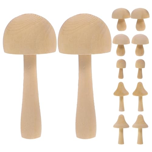 Tofficu Unfinished Wooden Mushroom, 12pcs Natural Mini Wood Mushrooms Assorted Mushroom Figures for DIY Valentine DIY Ornaments Arts Crafts Painting