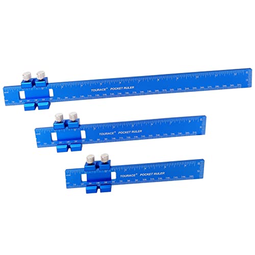 TOURACE Aluminum Woodworking Rulers with Slide Stop (3 Pcs) Precision Pocket Ruler Metal T Track Ruler, Square Ruler Inch and Metric Marking