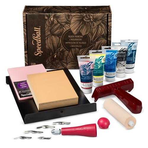 Speedball Deluxe Block Printing Kit – Includes Inks, Brayer, Bench Hook, Lino Handle and Cutters, Speedy-Carve Block, Mounted Linoleum Block