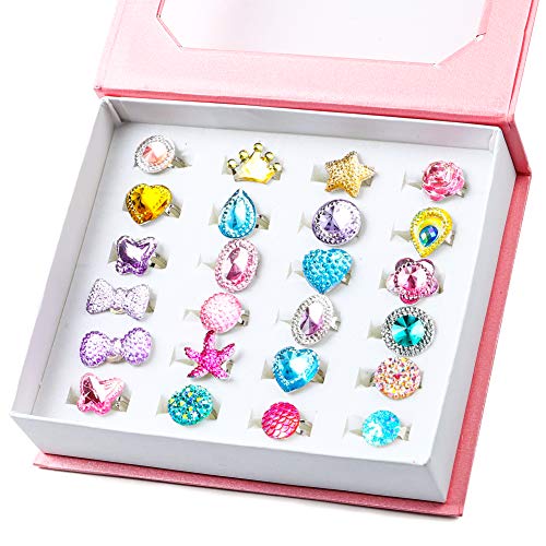 WATINC 24Pcs Adjustable Princess Pretend Jewelry Rings, Girl’s Jewelry Dress Up Play Toys, Rhinestone Gift Set in Box for Little Girls, No