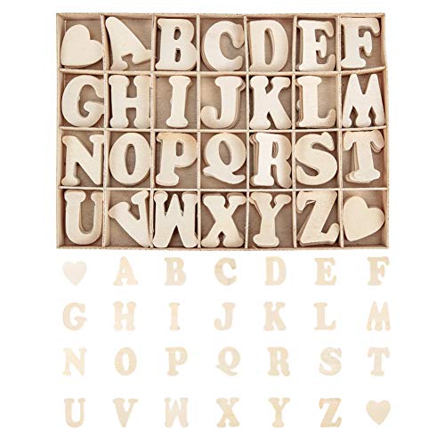 PandaHall 112pcs 1.5 Inch Wooden Letters A~Z Heart Set- Small Wooden Capital Letters with Storage Tray – Wooden Alphabet Craft Letters Smooth Natural