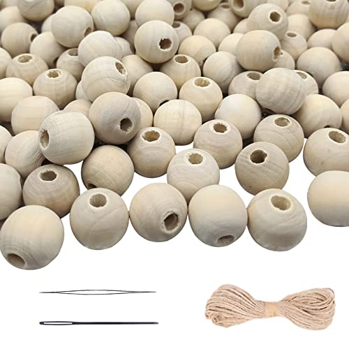 150Pcs Unfinished Wood Beads Bulk with Large Holes for Crafts, 18mm Natural Round Wooden Beads with 10m Jute Rope Beads Needle for Garland Jewelry