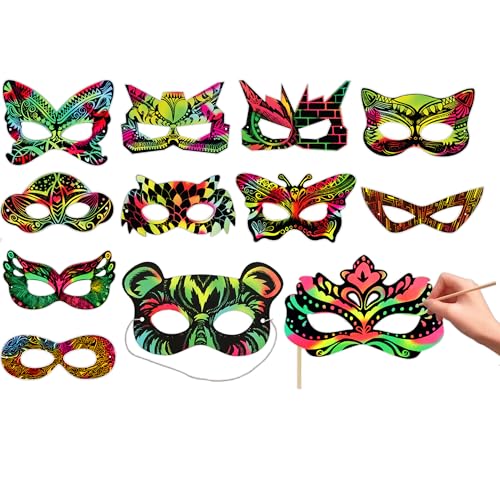 VHALE 24 Sets Rainbow Scratch Paper Art Superhero Masks, Dress Up Halloween Costumes, Creative Classroom Arts and Crafts, Fun Drawings, Travel Toys,