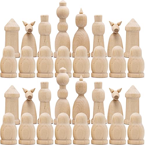 Unfinished Wood Chess Pieces Only Set of 32 pcs – Paint Your Own Chess Set – Blank Chess Sets for DIY- Wooden Peg Dolls Unfinished for Arts and