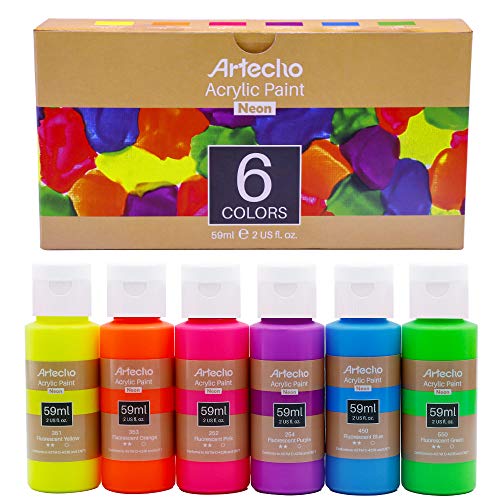 Artecho Neon Paint – Set of 6 Colors, 59 ml / 2 oz Acrylic Paint for Decoration, Art Painting, Outdoor and Indoor Art Craft, Supplies for Canvas,