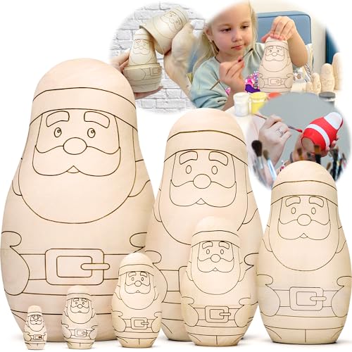 AEVVV Unfinished Christmas Nesting Dolls Blank Set 7 pcs – Christmas Crafts to Paint Your Own Matryoshka Santa Claus – Blank Russian Nesting Dolls