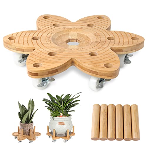 Vigordream Plant Caddy with Wheels 14″ Heavy Duty Plant Rollers for Flower Pot, Bamboo Planter Dolly Holder Lockable Casters for Indoor Outdoor