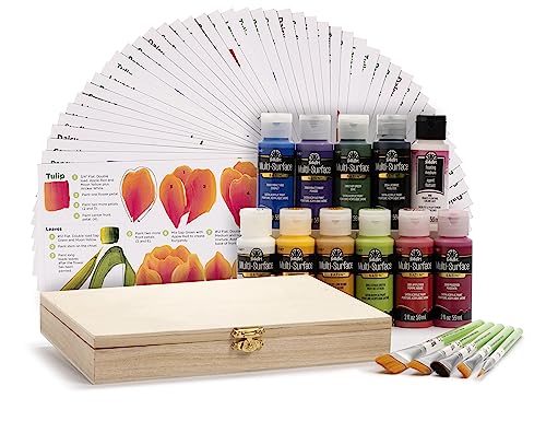 FolkArt Z’ Floral One Stroke Kit, Including 10 Multi-Surface Paints, 5 Brushes, 50 Full-Color Teaching Guides, 1 Floating Medium, and a Wood Storage