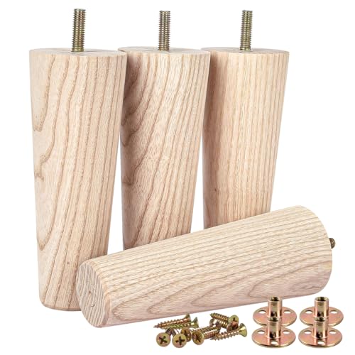 Btowin VCF 6 inch / 15cm Ash Wood Furniture Legs, 4Pcs Mid-Century Modern Unfinished Wooden Tapered Replacement Feet with 5/16” Hanger Bolts &