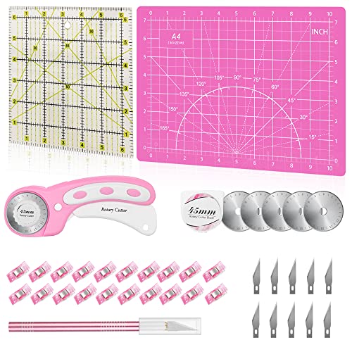 39 Pcs Rotary Cutter Set Pink – Quilting Kit incl. 45mm Fabric Cutter with 5 Extra Blades, A4 Cutting Mat, Craft Knife Set, Quilting Ruler and Sewing