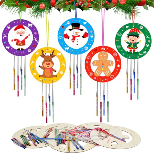 Fnnoral 5 Pack Christmas Wind Chime Kit for Kids Make You Own Wooden Christmas Wreath Wind Chimes DIY Coloring Craft for Girls Boys Christmas Hanging