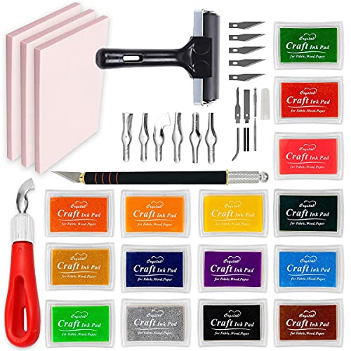 Printmaking Supplies Starter Kit by Pixiss – 3x Stamp pad, 15x Ink Pads for Rubber Stamps, Hobby Knife Pen with 6 Blades, Stamp Carving Tool –