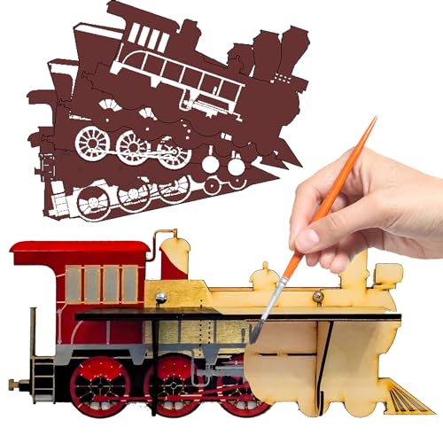 Train Engine STENCILS INCLUDED Paint-It-Yourself Hanging Shelf Arts and Crafts Kit for Adults or Kids with Hook Hangers Unfinished Wood