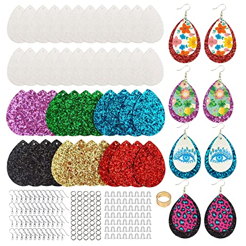 SHUANGART 194 Pcs Sublimation Blank Superfine Glitter Faux Leather Earrings Kit, Chunky Glitter Teardrop Leather Earrings with Sublimation Paper for