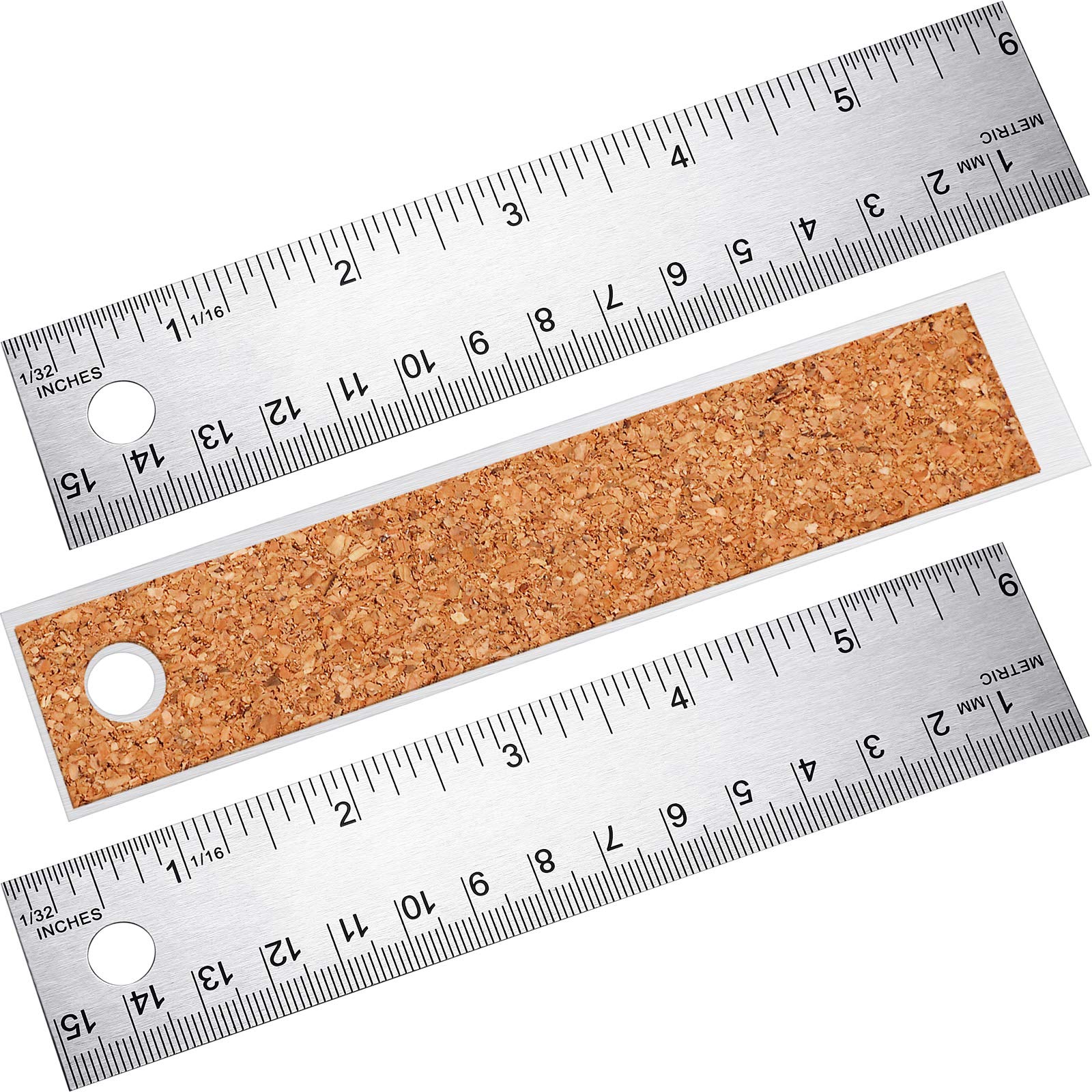 3 Pieces Stainless Steel Cork Back Rulers Metal Ruler Set Non Slip Straight Edge Cork Base Rulers with Inch and Metric Graduations for School Office