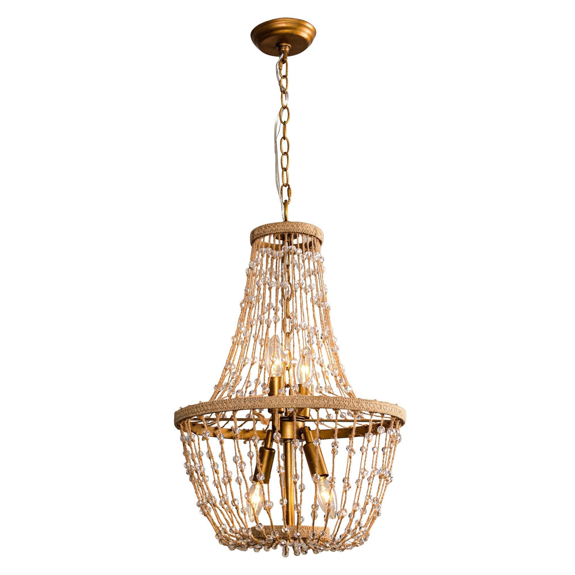 Modern Beaded Basket Weathered Wood 4-Light Chandelier