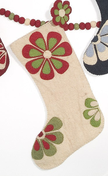 Hand Felted Wool Christmas Stocking – Flower Power In Ivory With Red And Green