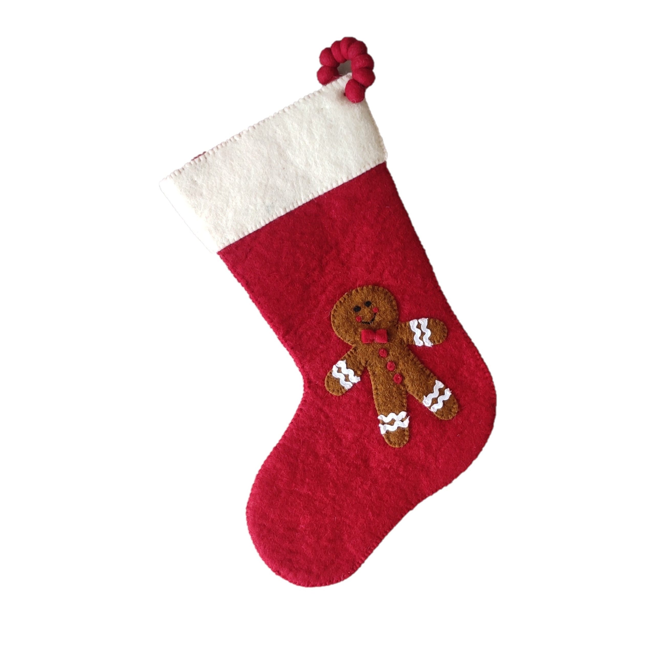 Gingerbread Boy On Red Christmas Stocking In Hand Felted Wool