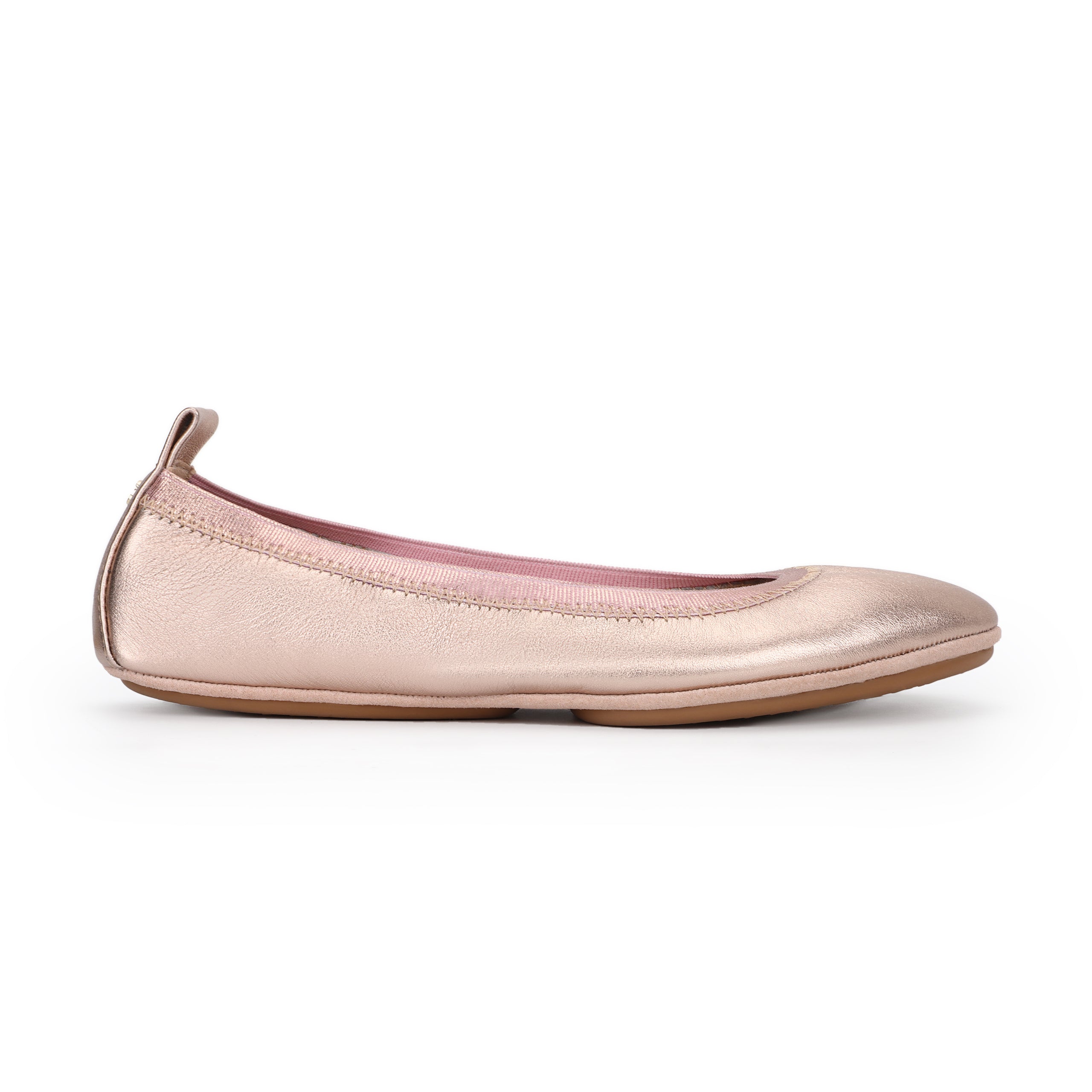 Samara Foldable Ballet Flat In Rose Gold Metallic Leather