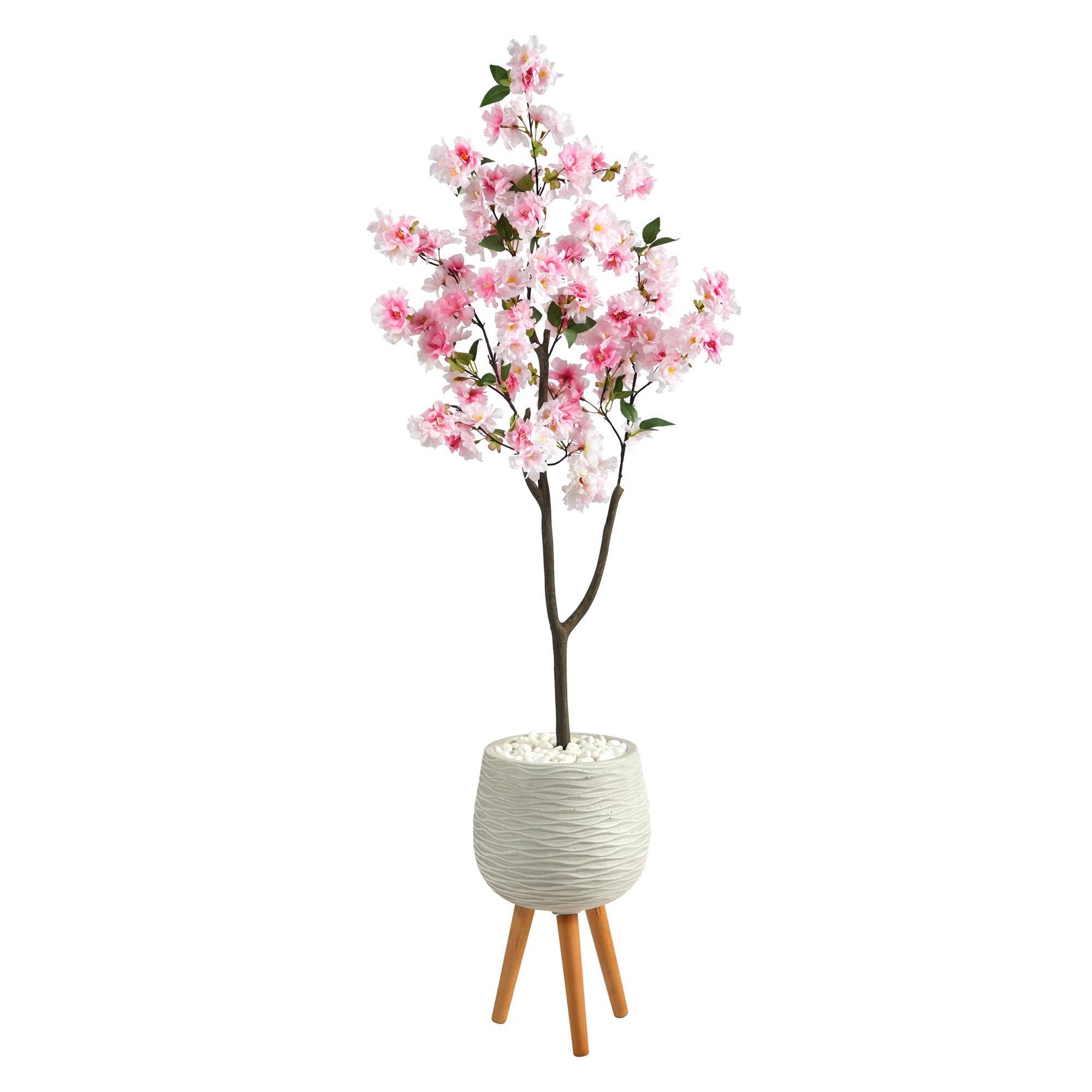 63” Cherry Blossom Artificial Tree in White Planter with Stand