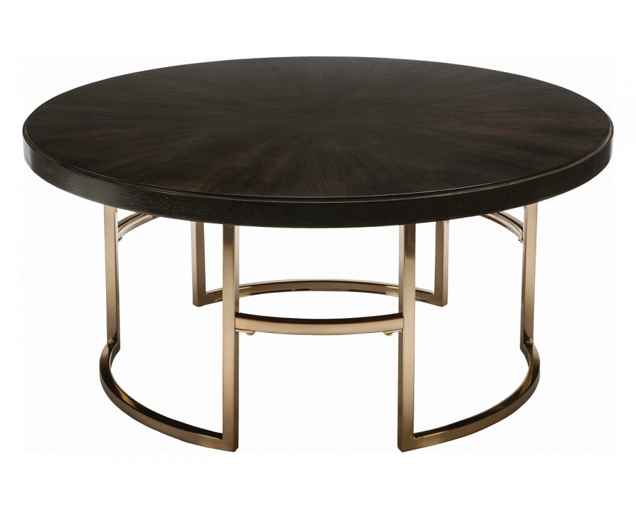 Coaster – Corliss Round Coffee Table in Americano/Rose Brass