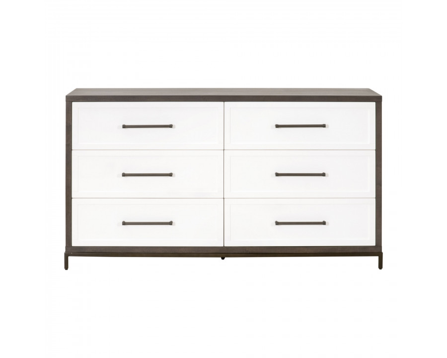 Essentials – Wrenn 6-Drawer Double Dresser in Burnished Brown Acacia, Matte White, Antique Bronze