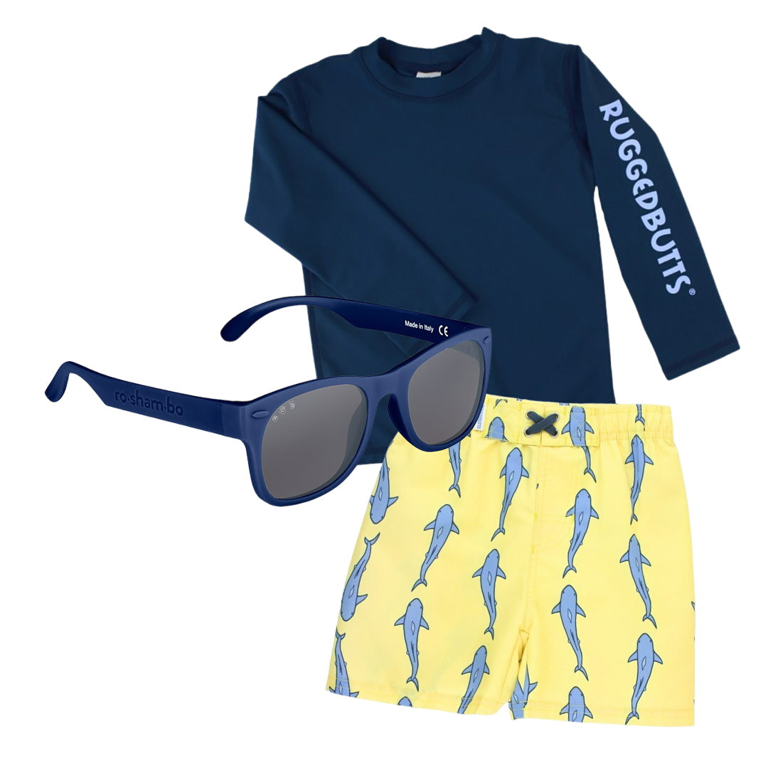 Ruggedbutts Boys Jawsome Swim Trunks & Rash Guard With Roshambo Navy Sunglasses