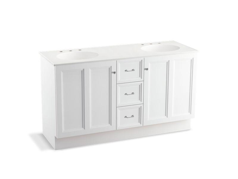 KOHLER K-99524-TKSD-1WA Damask 60″ bathroom vanity cabinet with toe kick, 2 doors and 3 drawers, split top drawer